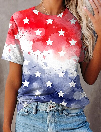 cheap Women&#039;s Tops-Women&#039;s T shirt Painting Tie Dye Star Round Neck Print Basic Tops Red / 3D Print