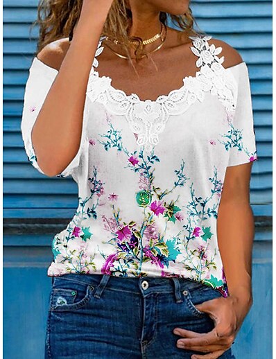 cheap Women&#039;s Tops-Women&#039;s T shirt Tee Floral Flower Off Shoulder Lace Trims Cold Shoulder Basic Tops Purple / 3D Print