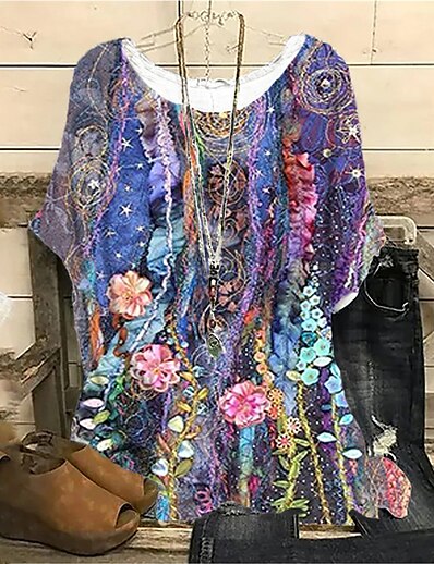 cheap Women&#039;s Tops-Women&#039;s Plus Size Tops Blouse Shirt Floral Short Sleeve Print Streetwear Crewneck Cotton Spandex Jersey Daily Sports Spring Summer Purple