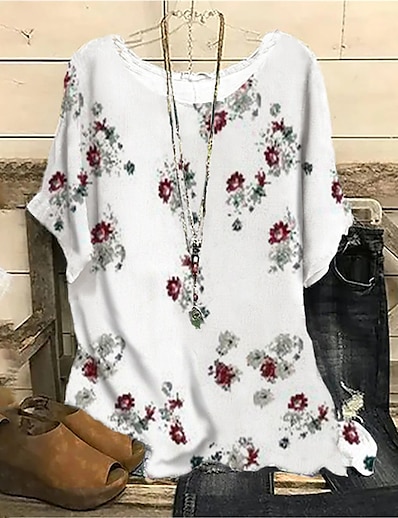 cheap Women&#039;s Tops-Women&#039;s Plus Size Tops Blouse Shirt Floral Short Sleeve Print Streetwear Crewneck Cotton Spandex Jersey Daily Sports Spring Summer Green White