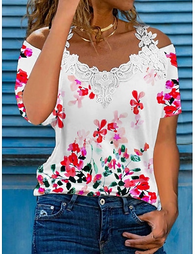 cheap Women&#039;s Tops-Women&#039;s T shirt Tee Floral Flower Off Shoulder Basic Tops Fuchsia / 3D Print