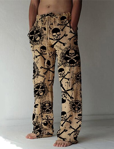 cheap Men&#039;s Bottoms-Men&#039;s Designer Fashion 3D Print Elastic Drawstring Design Front Pocket Straight Trousers Pants Casual Daily Graphic Prints Skull Mid Waist Comfort Soft Brown S M L XL XXL / Beach