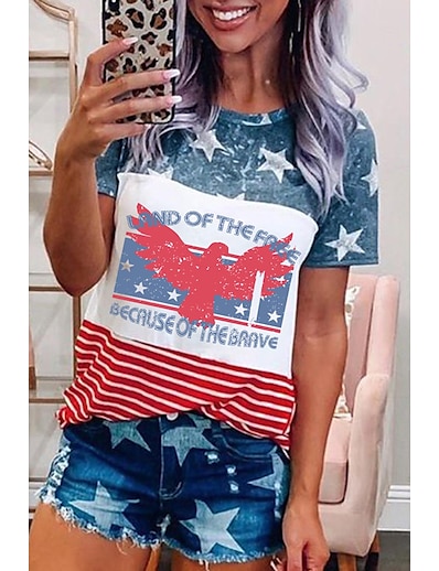 cheap Women&#039;s Tops-2022 new european and american independence day printed short sleeve top amazon summer new ladies loose large size t-shirt
