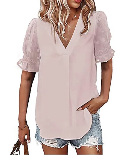 cheap Women&#039;s Clothing-cross-border new  popular v-neck chiffon shirt stitching fur ball short-sleeved top women