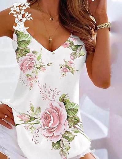 cheap Women&#039;s Tops-Women&#039;s Tank Top Camis Floral Theme Floral V Neck Print Casual Streetwear Tops Green White / 3D Print