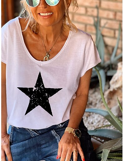 cheap Women&#039;s Tops-Women&#039;s T shirt Painting Star V Neck Print Basic Tops Green White Pink
