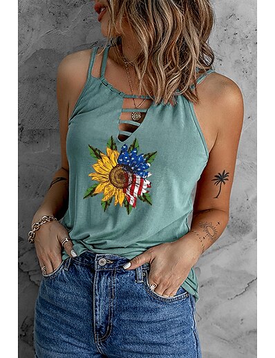 cheap Women&#039;s Tops-Women&#039;s Independence Day Tank Top Camis Sunflower American Flag Cut Out Print V Neck Casual Streetwear Tops Green White Black