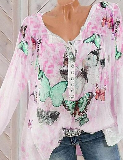 cheap Women&#039;s Tops-Women&#039;s Blouse Shirt Floral Graphic V Neck Button Basic Elegant Tops Green White Pink