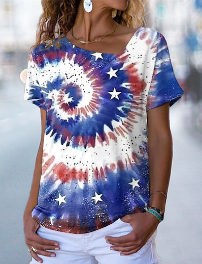 cheap Women&#039;s Tops-Women&#039;s T shirt Abstract Painting Tie Dye Star V Neck Print Basic Tops Blue / 3D Print