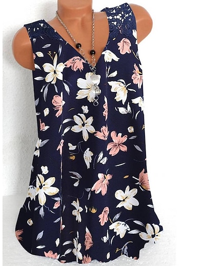 cheap Blouses &amp; Shirts-Women&#039;s Tank Top Camis Floral Theme Floral V Neck Print Casual Streetwear Tops Navy Blue / 3D Print