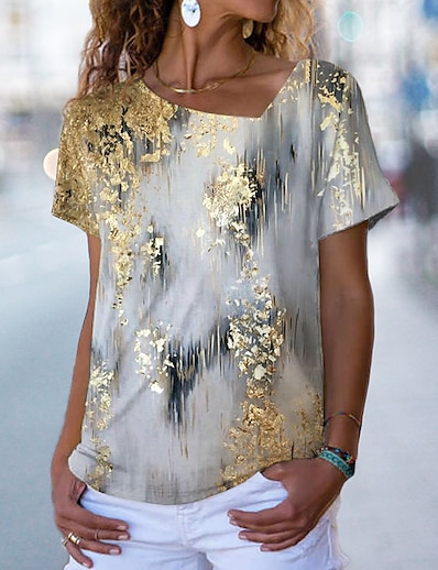 cheap Women&#039;s Tops-Women&#039;s T shirt Floral Theme Painting Tie Dye V Neck Print Basic Tops Gold / 3D Print