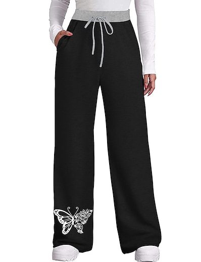 cheap Women&#039;s Bottoms-Women&#039;s Casual / Sporty Athleisure Side Pockets Elastic Drawstring Design Print Culottes Wide Leg Chinos Sweatpants Full Length Pants Micro-elastic Casual Weekend Butterfly Mid Waist Comfort Loose