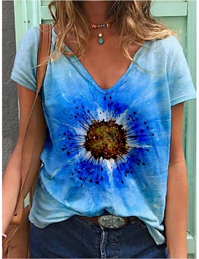cheap Women&#039;s Tops-Women&#039;s T shirt Color Gradient Flower V Neck Patchwork Print Basic Tops Blue / 3D Print