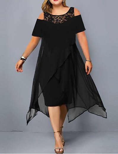 cheap Plus size-Women&#039;s Plus Size Solid Color A Line Dress Mesh Round Neck Short Sleeve Casual Summer Daily Holiday Midi Dress Dress / Lace