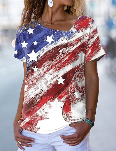 cheap Women&#039;s Tops-Women&#039;s T shirt Abstract Painting Star American Flag V Neck Print Basic Tops Red / 3D Print