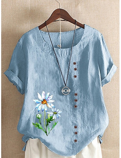 cheap Women&#039;s Tops-Women&#039;s Blouse Henley Shirt Shirt Floral Round Neck Print Tops Green White Blue