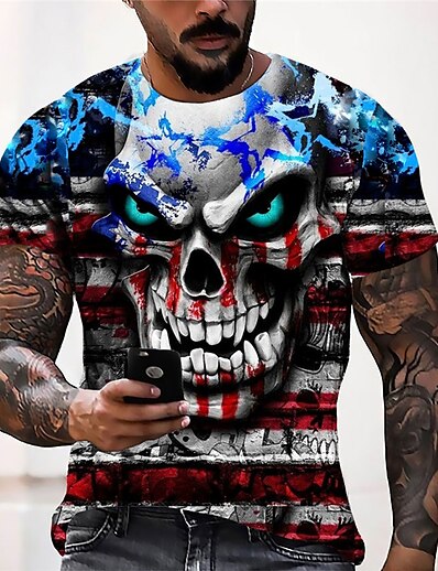 cheap Men&#039;s Tops-Men&#039;s Unisex T shirt Tee Graphic Prints Skull National Flag 3D Print Crew Neck Street Daily Short Sleeve Print Tops Casual Designer Big and Tall Sports Red / Summer