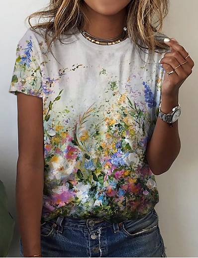 cheap Women&#039;s Tops-Women&#039;s Casual Holiday Weekend T shirt Tee Floral Painting Short Sleeve Floral Round Neck Print Basic Tops Green S / 3D Print