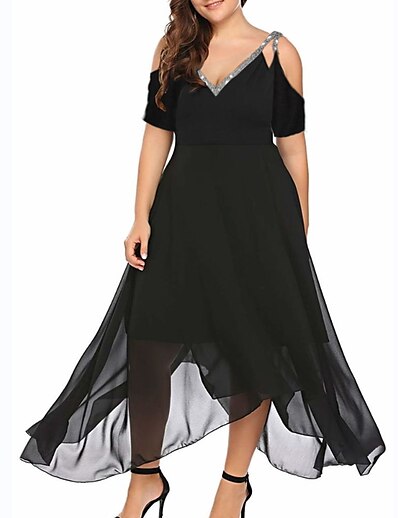 cheap Plus size-Women&#039;s Plus Size Solid Color A Line Dress Ruched V Neck Short Sleeve Casual Sexy Spring Summer Daily Holiday Maxi long Dress Dress / Skinny