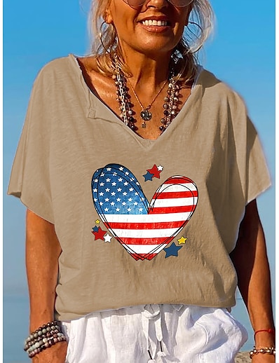 cheap Women&#039;s Tops-Women&#039;s T shirt Painting Heart Star American Flag V Neck Print Basic Tops Green White Black