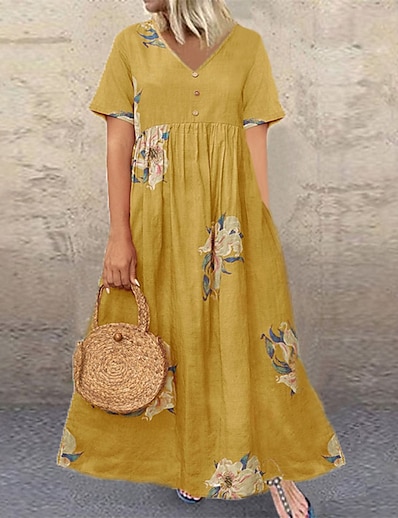 cheap Dresses-Women&#039;s Midi Dress A Line Dress Yellow Orange Short Sleeve Pocket Button Print Floral V Neck Spring Summer Casual 2022 Loose S M L XL XXL