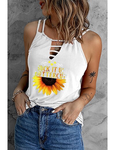 cheap Women&#039;s Tops-Women&#039;s Floral Tank Top Camis Sunflower Letter Cut Out Print V Neck Casual Streetwear Tops Green White Black