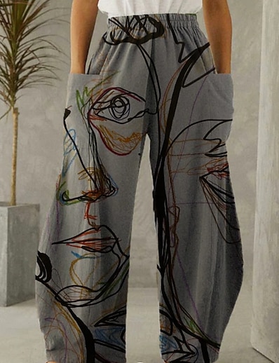 cheap Women&#039;s Bottoms-Women&#039;s Basic Casual / Sporty Pocket Elastic Waist Print Chinos Full Length Pants Inelastic Casual Weekend Linen Abstract Graffiti Mid Waist Breathable Soft Loose Gray S M L XL XXL