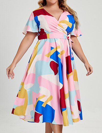 cheap Plus size-Women&#039;s Plus Size Color Block Swing Dress V Neck Short Sleeve Casual Spring Summer Daily Holiday Midi Dress Dress