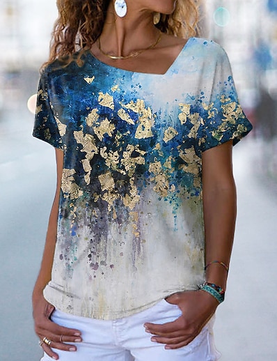 cheap Women&#039;s Tops-Women&#039;s T shirt Abstract Painting Tie Dye V Neck Print Basic Tops Green Blue Pink / 3D Print