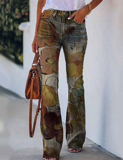 cheap Women&#039;s Bottoms-Women&#039;s Fashion Casual / Sporty Print Trousers Full Length Pants Micro-elastic Casual Daily Flower / Floral High Waist Loose Green Blue Orange Red Coffee S M L XL XXL