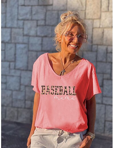 cheap Women&#039;s Tops-Women&#039;s T shirt Painting Camo Text Baseball V Neck Print Basic Tops Green White Black