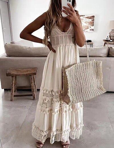Χαμηλού Κόστους Γυναικεία Φορέματα-Γυναικεία Μακρύ φόρεμα Φόρεμα σε γραμμή Α Λευκό Μπεζ Αμάνικο Εξώπλατο Μονόχρωμες Λαιμόκοψη V Άνοιξη Καλοκαίρι Κομψό Διακοπές 2022 Τ M L XL XXL 3XL
