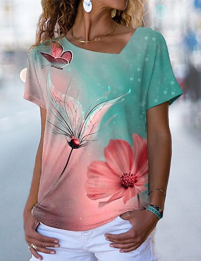 billige Overdele til damer-Dame T-shirt Blomster Tema Sommerfugl Maleri Blomstret Sommerfugl V-hals Trykt mønster Basale Toppe Grøn / 3D-udskrivning
