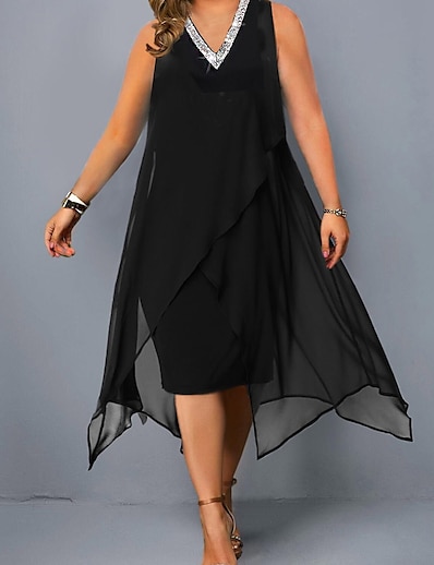 cheap Plus size-Women&#039;s Solid Color A Line Dress Mesh V Neck Sleeveless Stylish Modern Summer Holiday Vacation Midi Dress Dress