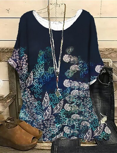 cheap Women&#039;s Tops-Women&#039;s Plus Size Tops Blouse Shirt Floral Short Sleeve Print Streetwear Crewneck Cotton Spandex Jersey Daily Sports Spring Summer Black Blue