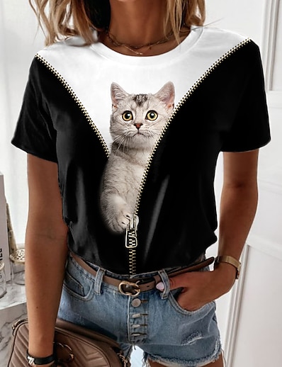 hesapli Kadın Üstleri-Kadın&#039;s Günlük Hafta sonu T gömlek 3D Kedi Resim Kısa Kollu Kedi 3D Yuvarlak Yaka Desen Temel Üstler Siyah S / 3D Baskı