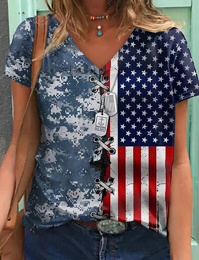 cheap Women&#039;s Tops-Women&#039;s T shirt Painting USA National Flag V Neck Print Basic Tops Navy Blue / 3D Print