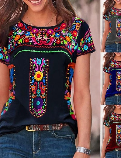 cheap Tees &amp; T Shirts-2022 summer foreign trade new women&#039;s clothing independent station hot style bohemian printing round neck short-sleeved t-shirt top women