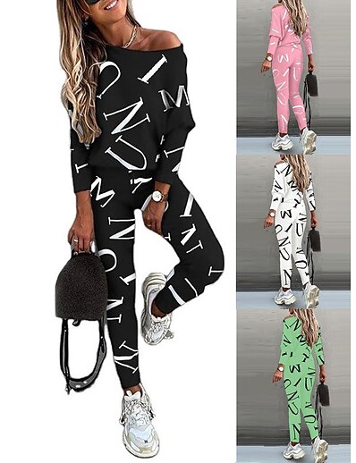 cheap Sports Athleisure-Women&#039;s 2 Piece Set Crew Neck Patchwork Fashion Streetwear Letter Printed Sport Athleisure Long Sleeve Clothing Suit Exercise &amp; Fitness Running Everyday Use Walking Breathable Moisture Wicking Soft