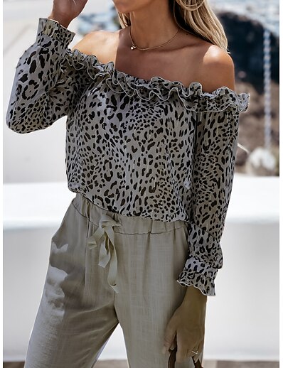 cheap Women&#039;s Tops-Women&#039;s Blouse Shirt Leopard Off Shoulder Off Shoulder Ruffle Print Casual Streetwear Tops Brown / 3D Print