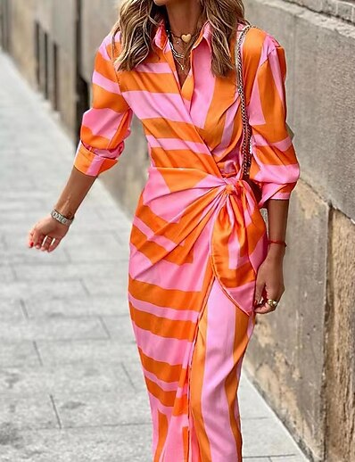 cheap Dresses-Women&#039;s Maxi long Dress Shirt Dress Green Purple Orange Long Sleeve Split Ruched Striped Shirt Collar Spring Summer Casual Boho 2022 S M L XL XXL