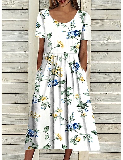 cheap Dresses-Women&#039;s Midi Dress A Line Dress White Short Sleeve Ruched Print Floral Print Crew Neck Spring Summer Basic Casual 2022 S M L XL XXL 3XL / Loose