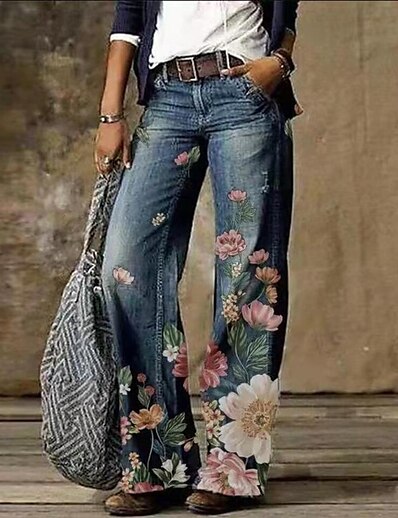 cheap Women&#039;s Bottoms-Women&#039;s Fashion Casual / Sporty Print Trousers Full Length Pants Micro-elastic Casual Daily Flower / Floral High Waist Loose Blue Pink Yellow Dark Green Sky Blue S M L XL XXL