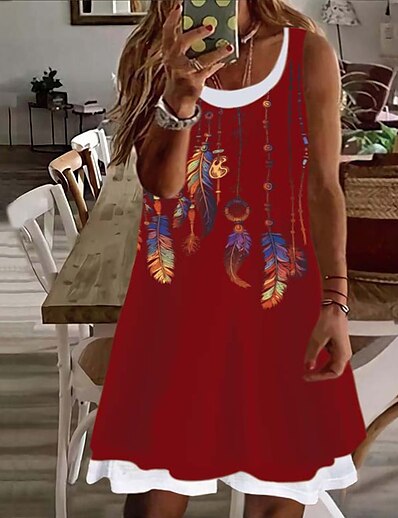 저렴한 플러스 사이즈 컬렉션-여성용 플러스 사이즈 프린트 A 라인 드레스 프린트 라운드 넥 민소매 캐쥬얼 봄 여름 일상 휴가 미니 드레스 드레스