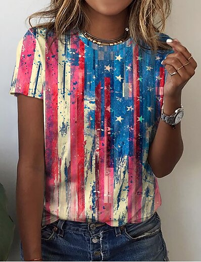 cheap Women&#039;s Tops-Women&#039;s T shirt Painting USA National Flag Round Neck Print Basic Tops Red / 3D Print