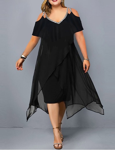 cheap Plus size-Women&#039;s Plus Size Solid Color A Line Dress Ruched V Neck Short Sleeve Casual Summer Daily Holiday Midi Dress Dress / Mesh