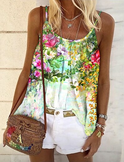 cheap Women-Women&#039;s Camisole Tank Top Camis Floral Theme Floral U Neck Print Casual Streetwear Tops Green Blue Pink / 3D Print