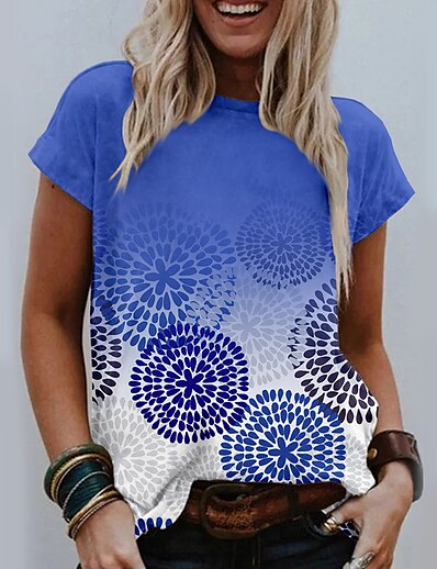 cheap Women&#039;s Tops-Women&#039;s T shirt Painting Color Gradient Graphic Round Neck Print Basic Tops Green Blue Purple / 3D Print