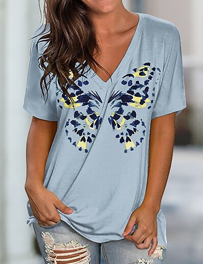 cheap Women&#039;s Tops-Women&#039;s T shirt Butterfly Painting Butterfly V Neck Print Basic Tops Green Blue Gray / 3D Print