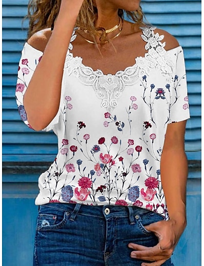 cheap Women&#039;s Tops-Women&#039;s T shirt Tee Floral Floral Off Shoulder Cold Shoulder Print Basic Tops Purple / 3D Print